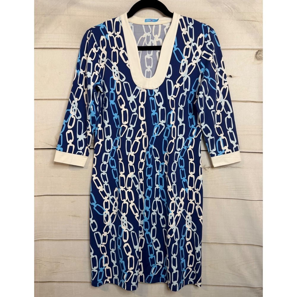 J. McLaughlin Womens Blue White Chain Link Print 3/4 Sleeve Shift Dress Size S‎